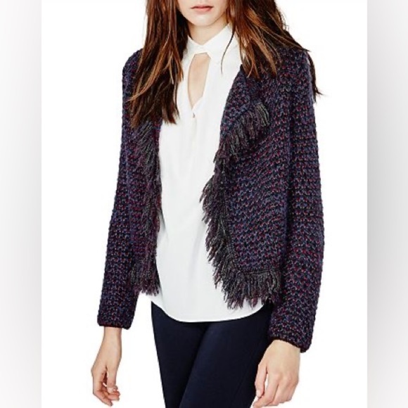 ✨NWT Maje Purple Tweed Open Front Metallic Fringe Mask Cardigan Size 2 or Medium - Picture 1 of 10